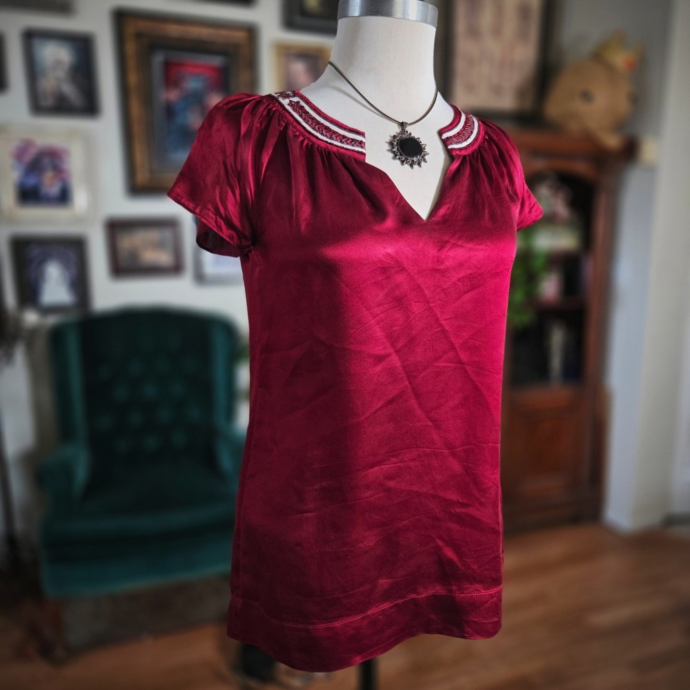 Silk Burgundy Beaded Neckline Short Sleeve Blouse Romantic Luxe Top